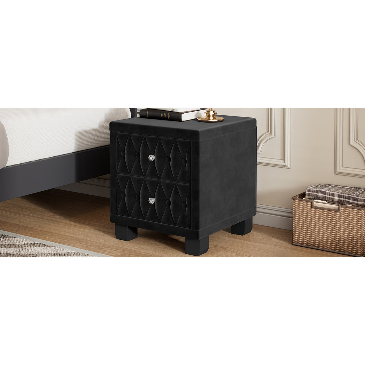 variant-group:rf-n733p210398b|Roomfitters Velvet Nightstand with Crystal Handles, Button-Tufted Upholstered Bedside Table with Two Storage Compartments, Black