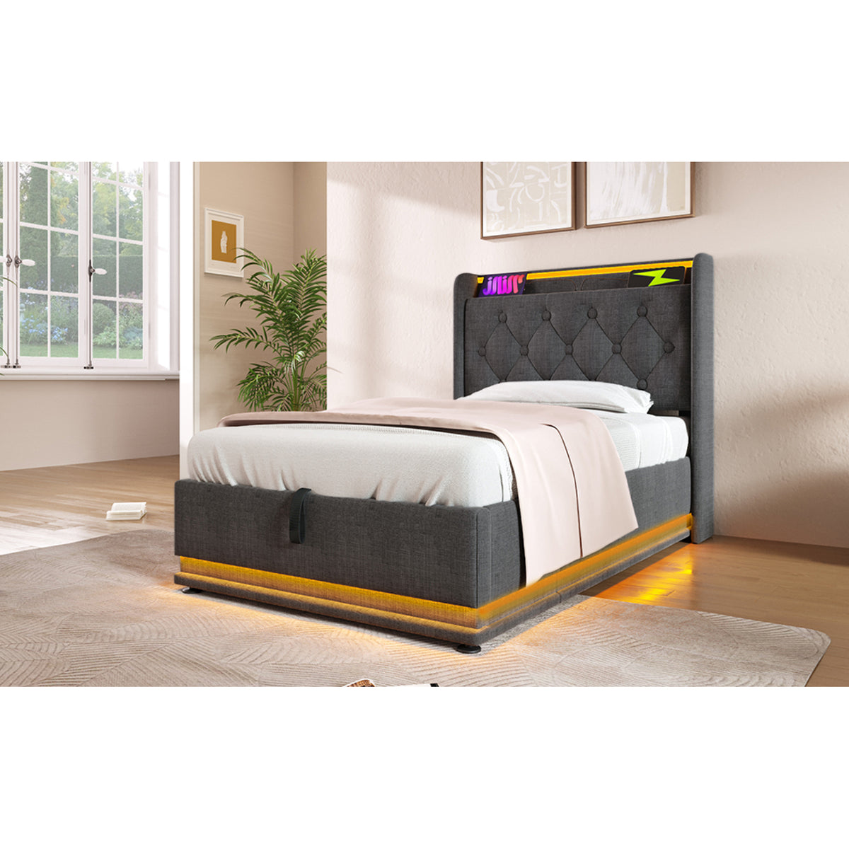 variant-group:rf-n736p188805g|Roomfitters Twin Size Upholstered Storage Bed with USB Type-C Charging and Remote Control, Linen Gray