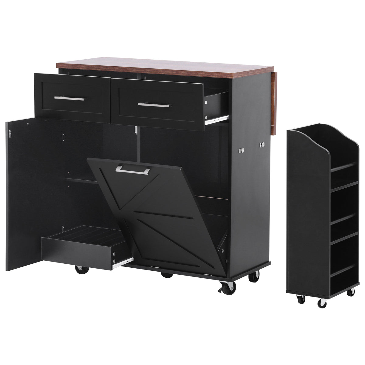 variant-group:rf-n707p307296b|Roomfitters 47.2" Farmhouse Kitchen Island with Drop Leaf, Tilt Trash Can Cabinet, Removable Mobile Side Racks, Black