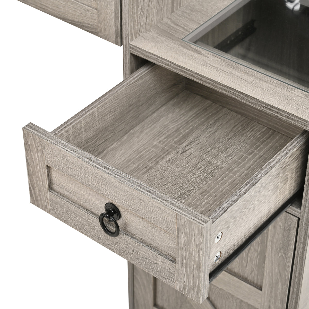 variant-group:rf-n733p340562g|Roomfitters Farmhouse Vanity Desk with Sliding Mirror & Lights, Glass Top, Charging Station, 4 Drawers, 2 Cabinets, Stool, Gray
