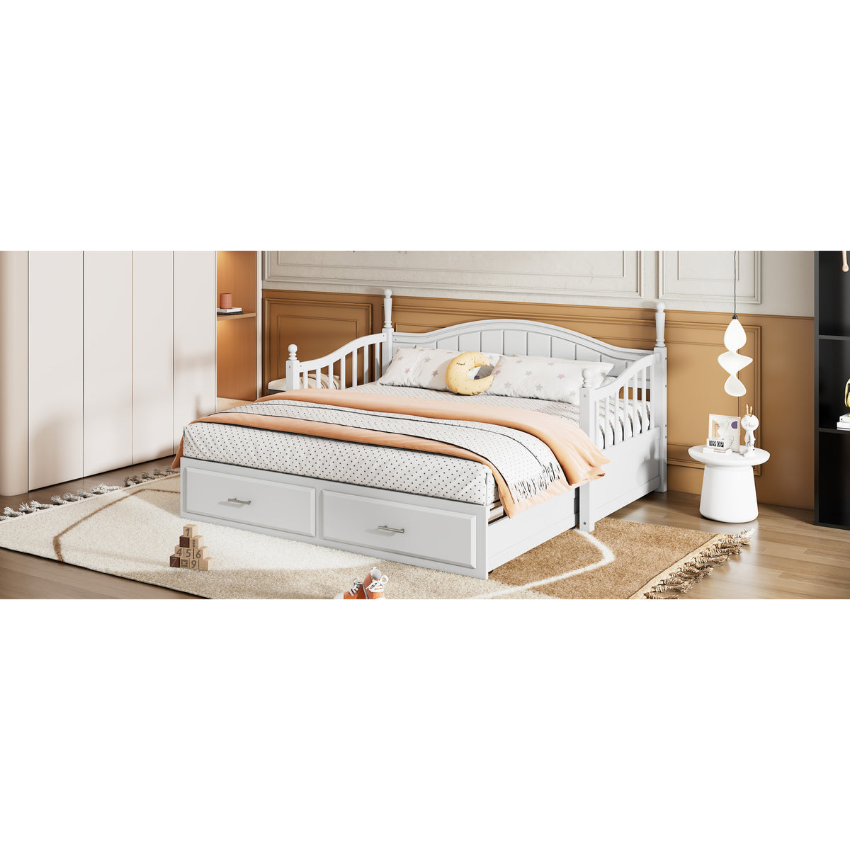 variant-group:rf-n733s173459k|Roomfitters Wooden Twin Size Daybed with Extendable Frame, Twin Trundle and Additional Storage Drawers, White