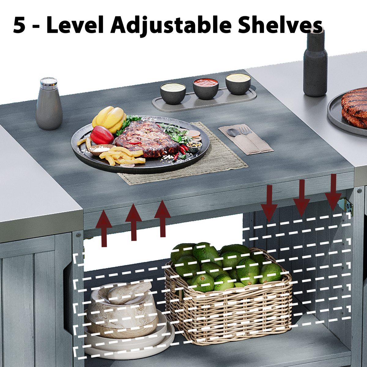 variant-group:rf-n707p250629g|Roomfitters 66.5" Outdoor Kitchen Island for Big Kamado Grills, Wood Grill Cart with Stainless Steel Top, Storage, Grey Blue