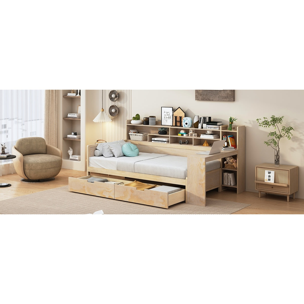 variant-group:rf-n733s241484m|Roomfitters Wooden Twin Size Daybed with Storage Shelves, Multi-functional Bed with Two Storage Compartments and Study Desk, Natural