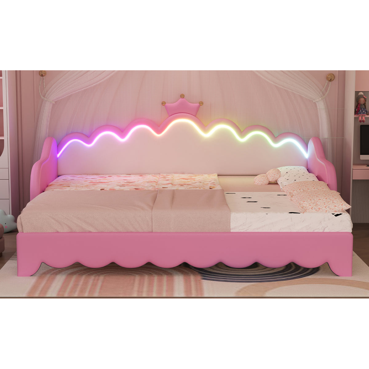variant-group:rf-n733hl000104aah|Roomfitters Twin Extending Daybed with Lights, Modern Upholstered Princess Daybed Featuring Crown Headboard, Elegant and Practical Design, Pink
