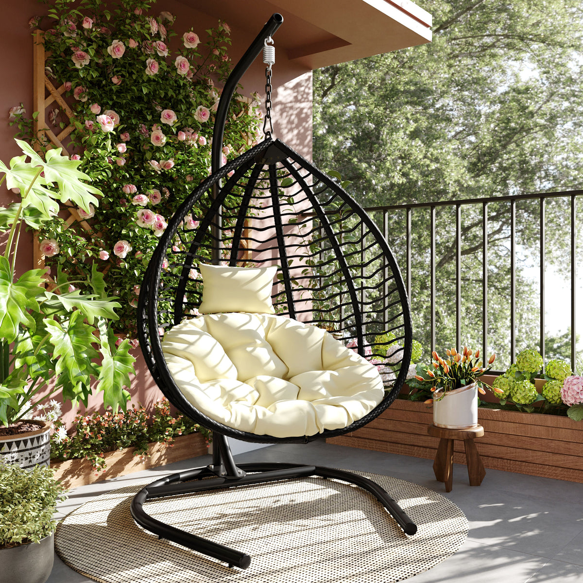 variant-group:rf-n711p389502a|Roomfitters Indoor Outdoor Hanging Egg Hammock Chair with Stand, Wicker Rattan Swing for Patio and Bedroom, Black+Beige