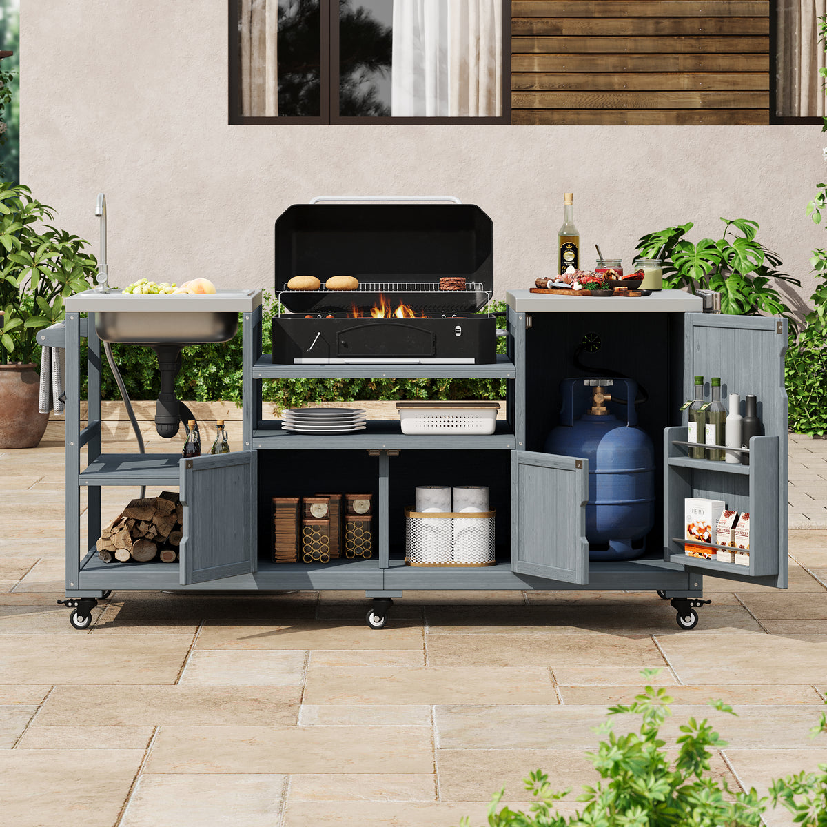 variant-group:rf-n707s000022g|Roomfitters 75.4" Outdoor Kitchen Island with Sink, Fir Wood Grill Cart for XL Green Egg & Tabletop Grills, Grey Blue