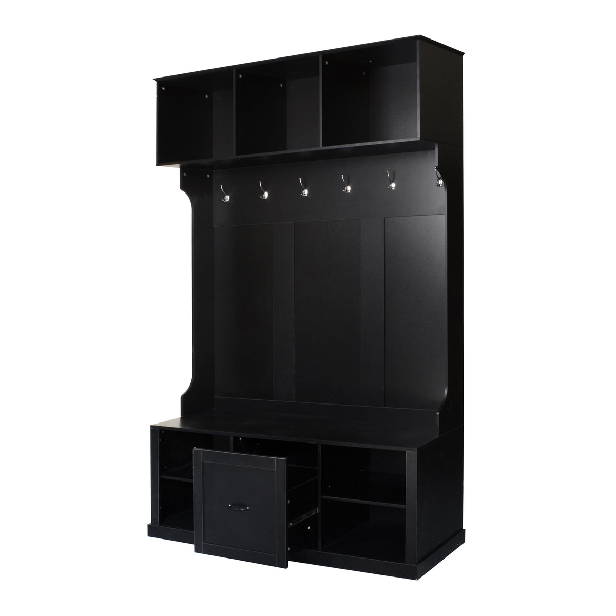 variant-group:rf-n724p264673b|Roomfitters 3-in-1 Hall Tree with 6 Hooks, Coat Rack and Entryway Bench, 57" Organizer with Drawer for Hallway or Living Room, Black