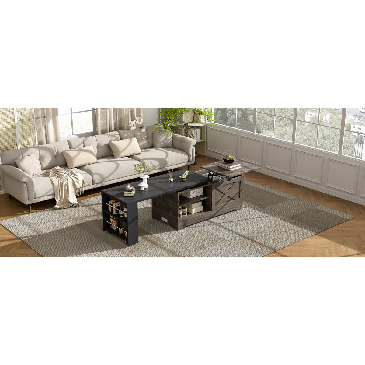 variant-group:rf-n724p351732e|Roomfitters Farmhouse Lift Top Coffee Table with Barn Doors and Outlets, Brown & Black