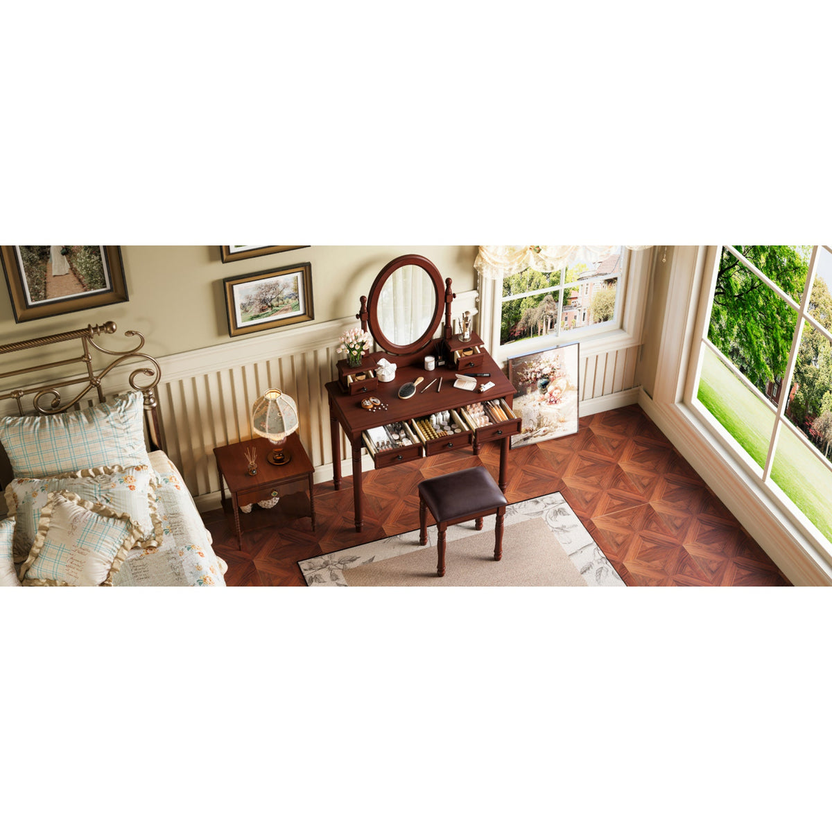 Roomfitters Vintage Vanity Desk with Adjustable Mirror, Makeup Table and Cushioned Stool Set, Wooden Dressing Table with 5 Drawers and Velvet Lining, Walnut
