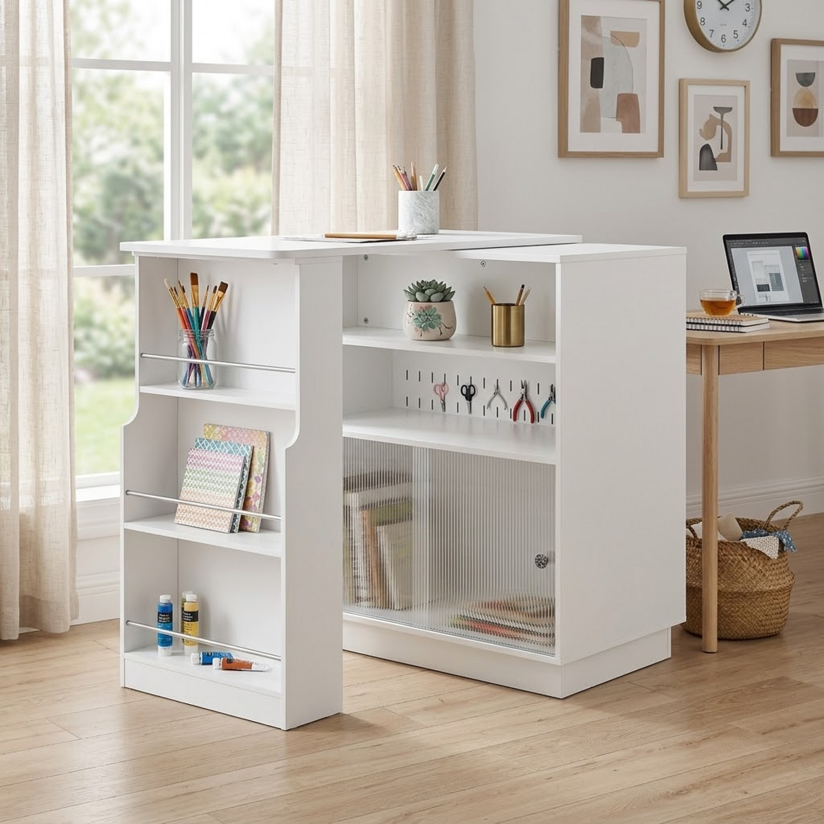 variant-group:rf-n711p437809k|Roomfitters White MDF Counter Height Kitchen Island Sideboard Cabinet, Extendable Table, Acrylic Sliding Doors