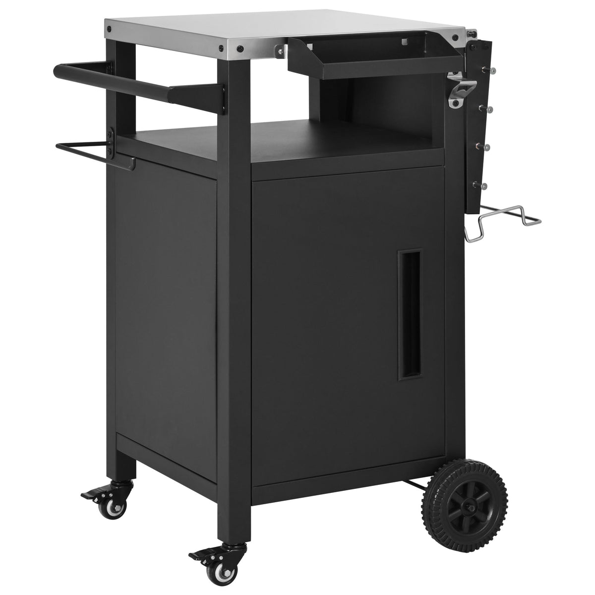 Roomfitters 33.9" Grill Cart with Stainless Steel Top, BBQ Prep Station with Spice Rack and Hamper Bag, Rolling Cart, Black