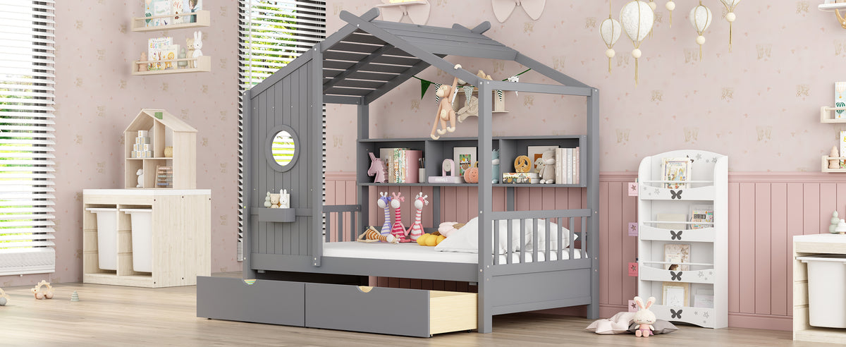 variant-group:rf-n733s308483e|Roomfitters Wooden Twin Size House Bed with 2 Drawers and Storage Shelf, Gray