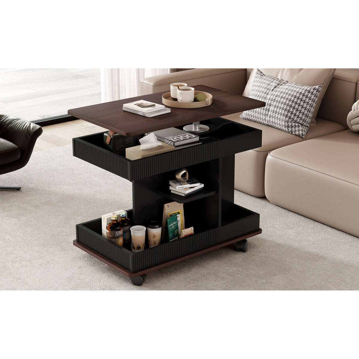 variant-group:rf-n724p292505b|Roomfitters Adjustable Sofa Side Table with Lift-Top, Rotating Surface and Storage on Wheels for Small Spaces, Black