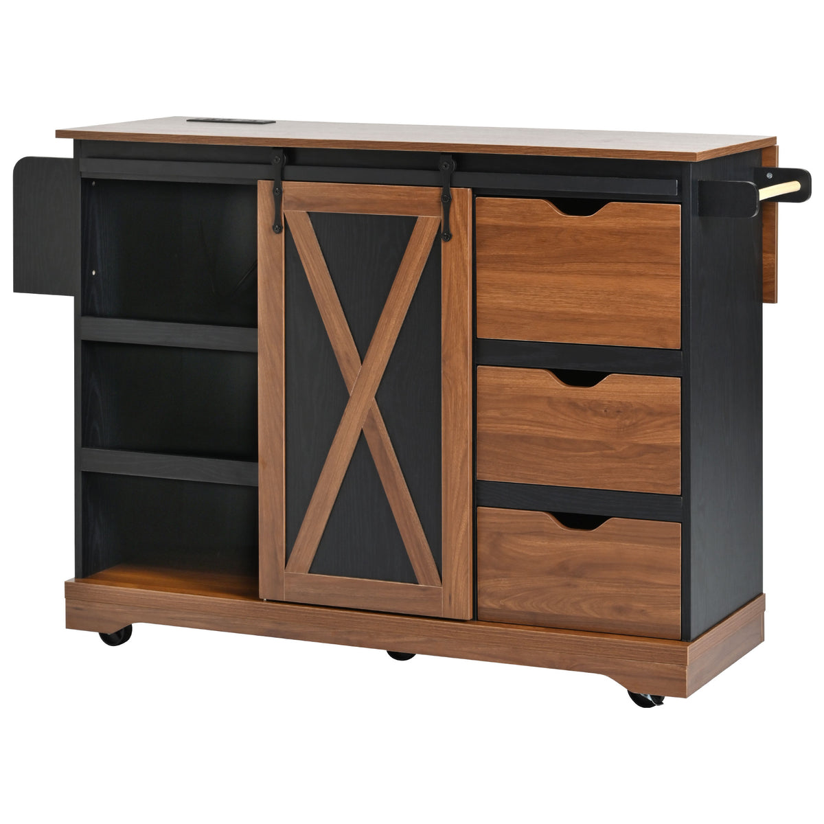 variant-group:rf-n707p288229b|Roomfitters 55.5" Rolling Kitchen Island with Drop Leaf, Mobile Kitchen Storage Cart with Sliding Barn Door, Power Outlets, Black