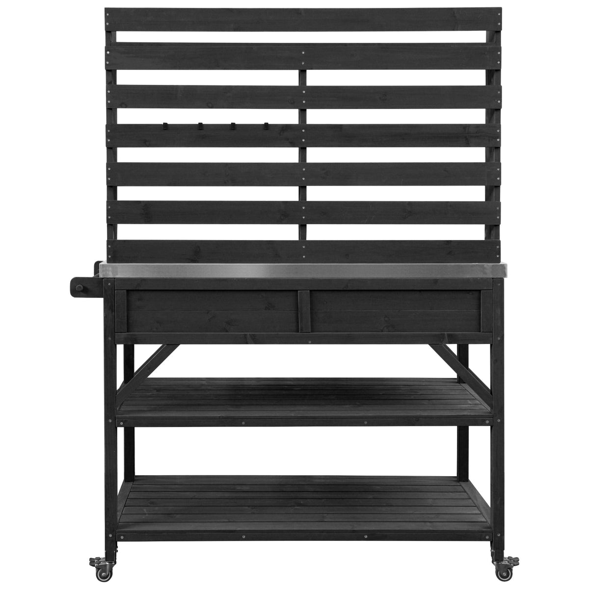 Roomfitters 64.9" Outdoor Potting Bench & Kitchen Island with Stainless Steel Top, Propane Rack & Lockable Wheels, Black