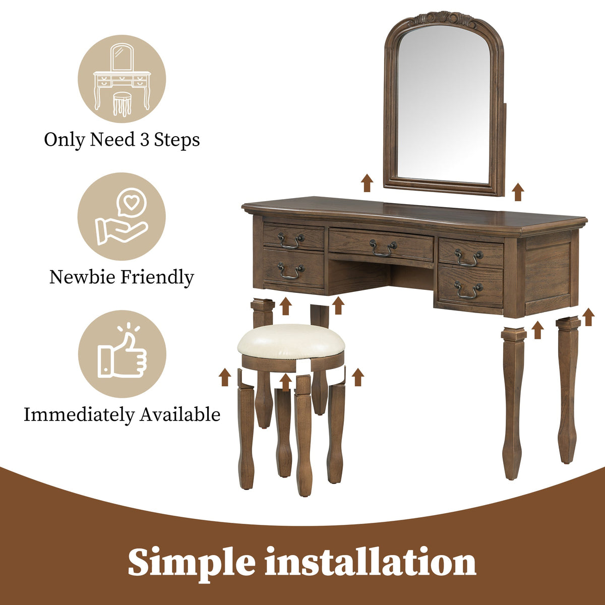 Roomfitters 46-Inch Vintage Makeup Vanity Table with Curved Flower Frame Mirror and Upholstered Leather Stool Espresso Roomfitters
