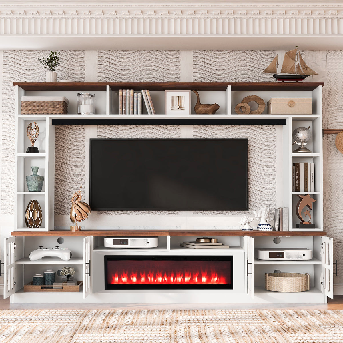 variant-group:rf-n724sj000159aak|Roomfitters 95.5"W Large Wall Unit Entertainment Center, 39" LED Fireplace, White & Walnut