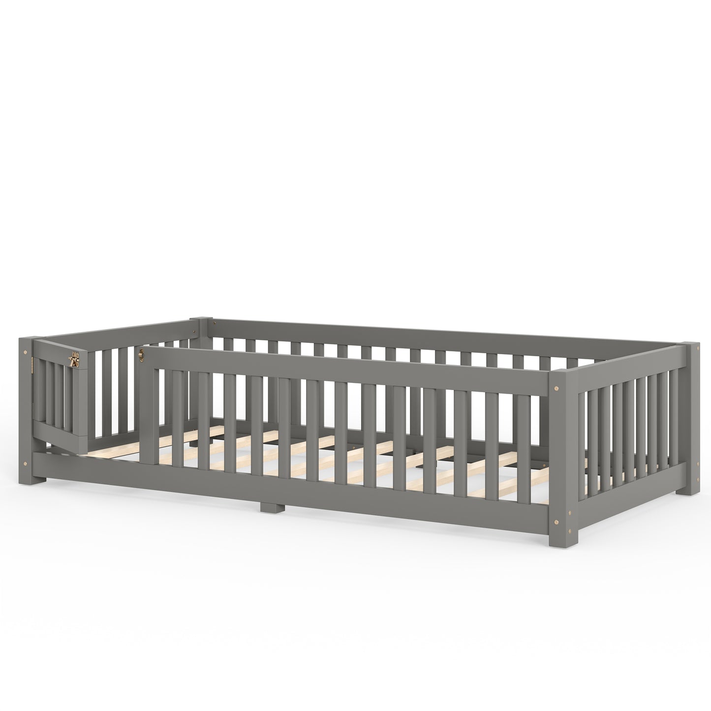 variant-group:rf-w1580p462312|Roomfitters Twin Size Wooden Floor Bed Frame with Safety Guardrails Door, Solid Wood Low Profile Toddler Play Bed, Gray