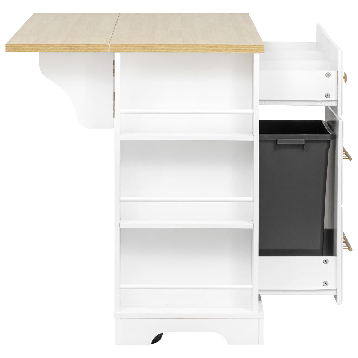 variant-group:rf-n707s307292w|Roomfitters 51" Kitchen Island with Power Outlet and Drop Leaf, Rolling Cabinet with Pull-Out Trash Can Drawer, White