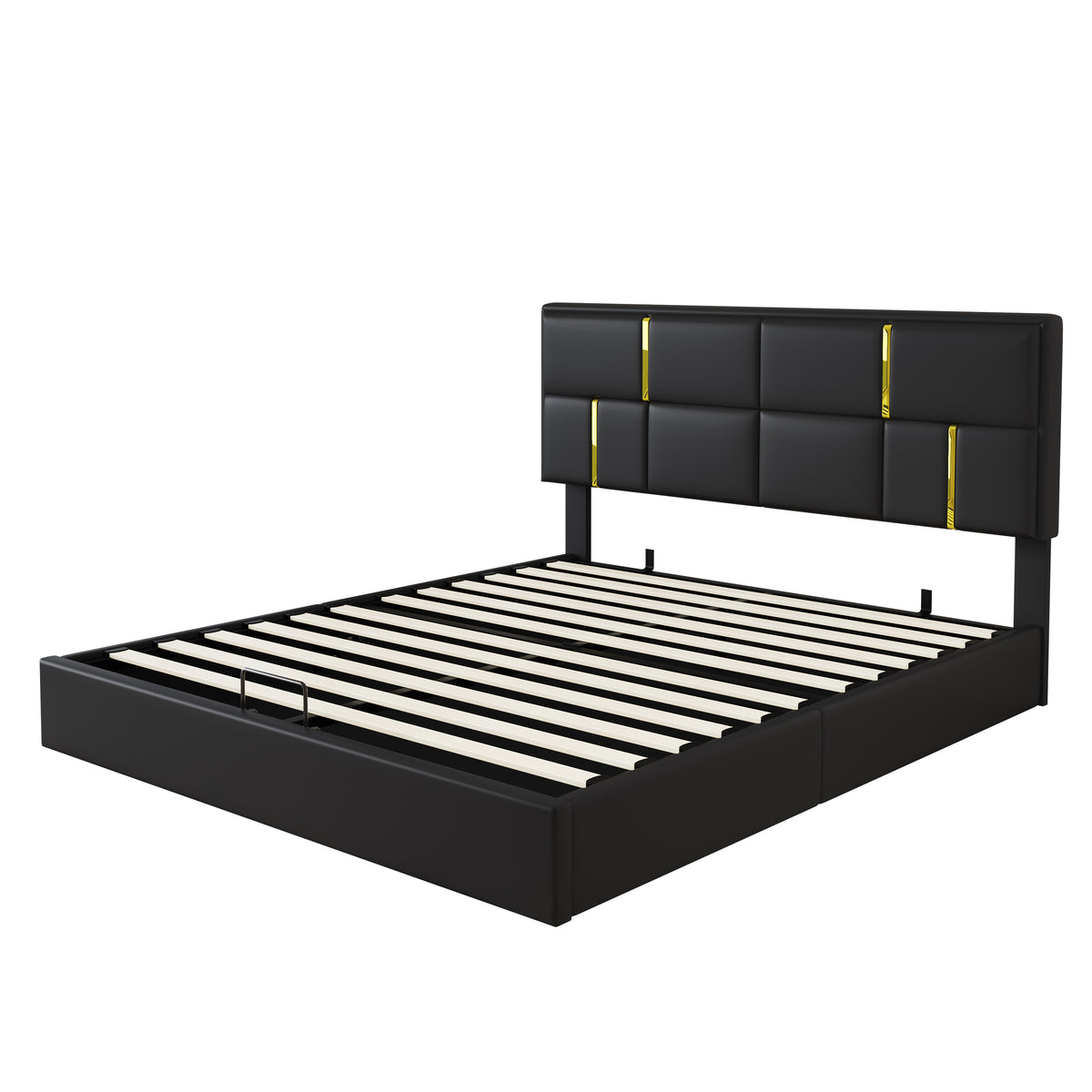 variant-group:rf-n733s362241b|Roomfitters Queen Upholstered Platform Bed with Hydraulic Storage Lift, Modern Bed Frame, No Box Spring Required, Black