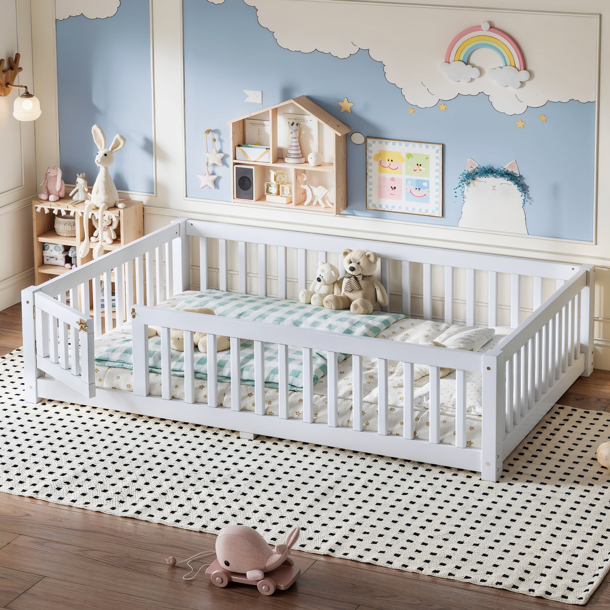 variant-group:rf-w1580p462317|Roomfitters Full Size Wooden Floor Bed Frame with Safety Guardrails Door, Solid Wood Low Profile Toddler Play Bed, White