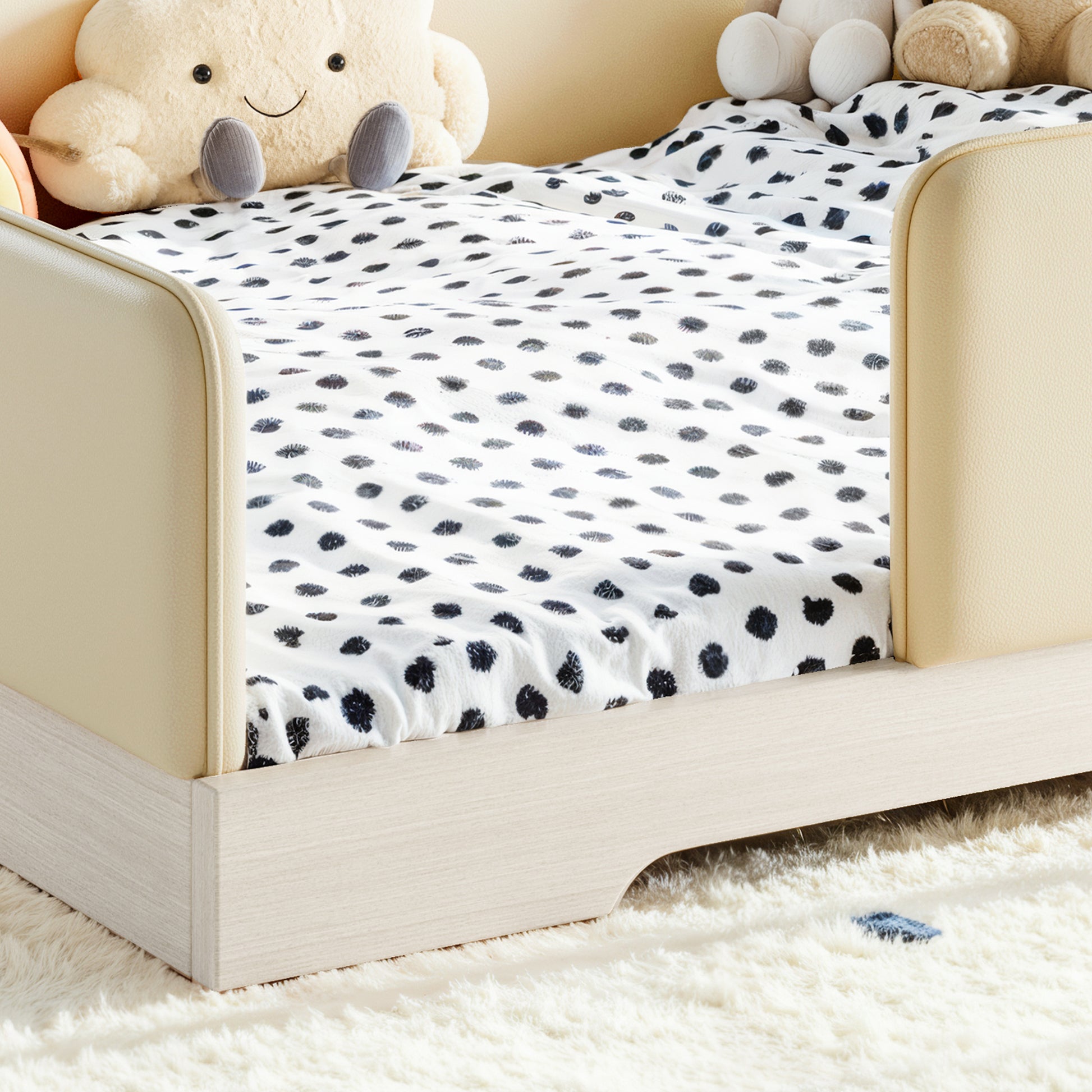 variant-group:rf-w1580s00673|Roomfitters Queen Size Upholstered Floor Bed Frame with Removable Guardrails, Faux Leather Low Profile Platform, Beige