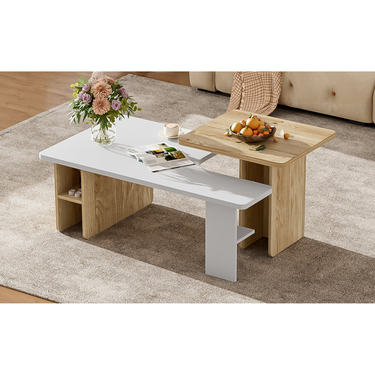 variant-group:rf-n724p294661k|Roomfitters Farmhouse Nesting Coffee Table Set of 2, Rectangle Wood Finish Accent Tables for Living Room and Sofa Side, White