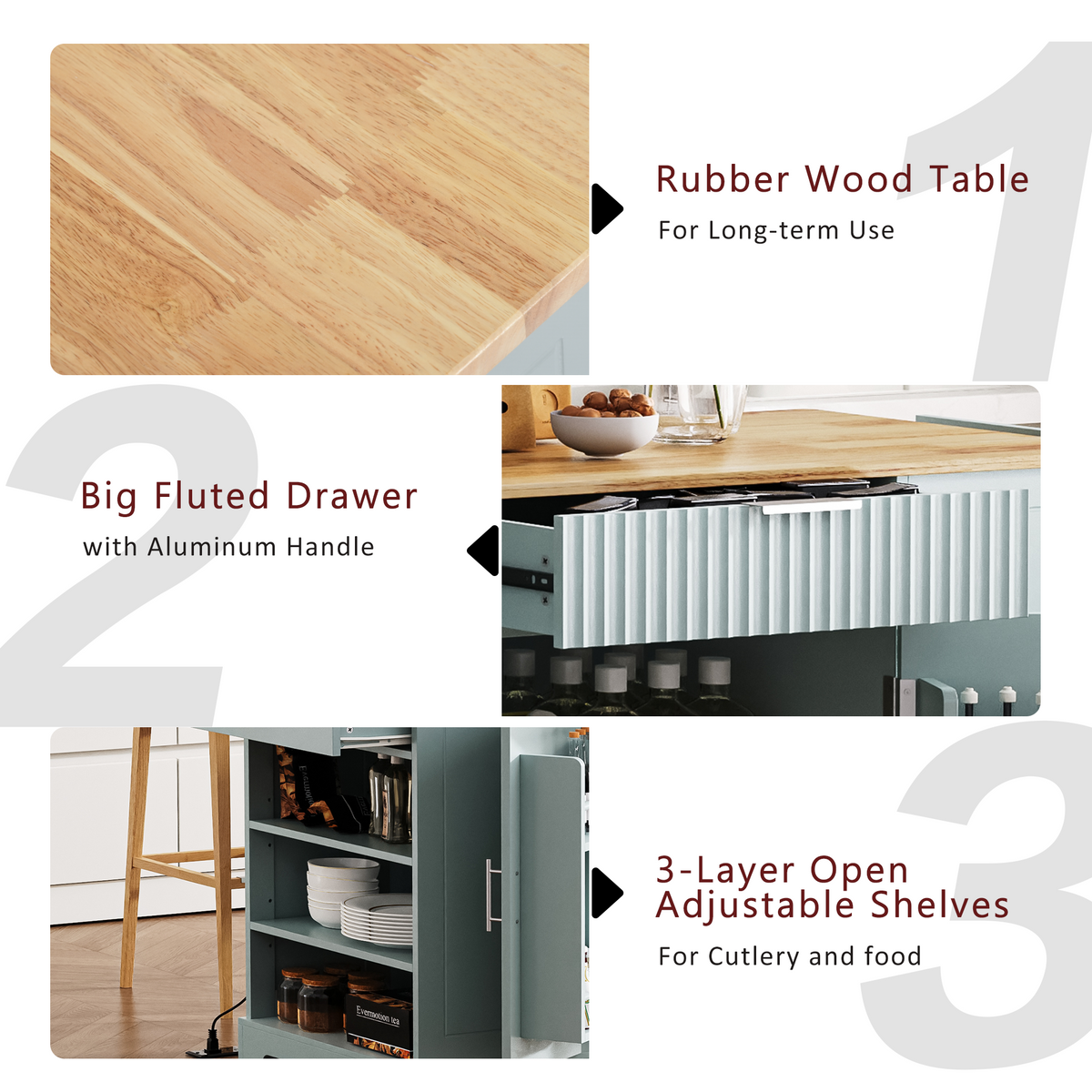 variant-group:rf-n707s221571g|Roomfitters Kitchen Island with Tilt Out Trash Can and Power Outlet, Fluted Storage Cabinet on Wheels, Grey+Blue