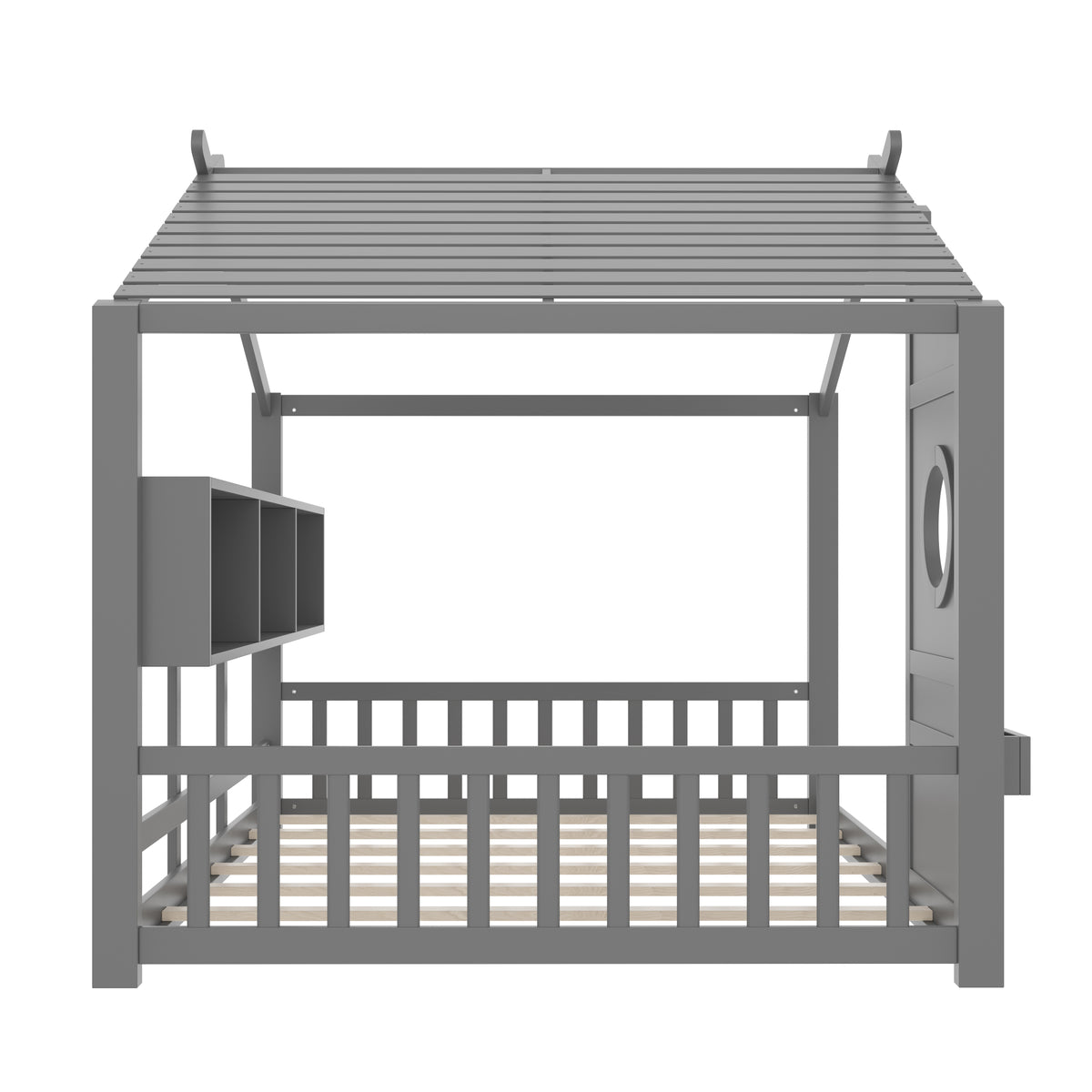 variant-group:rf-n733p335068e|Roomfitters Full Size Floor House Bed with Storage Shelf and Roof Design, Montessori Playhouse Bed, Gray