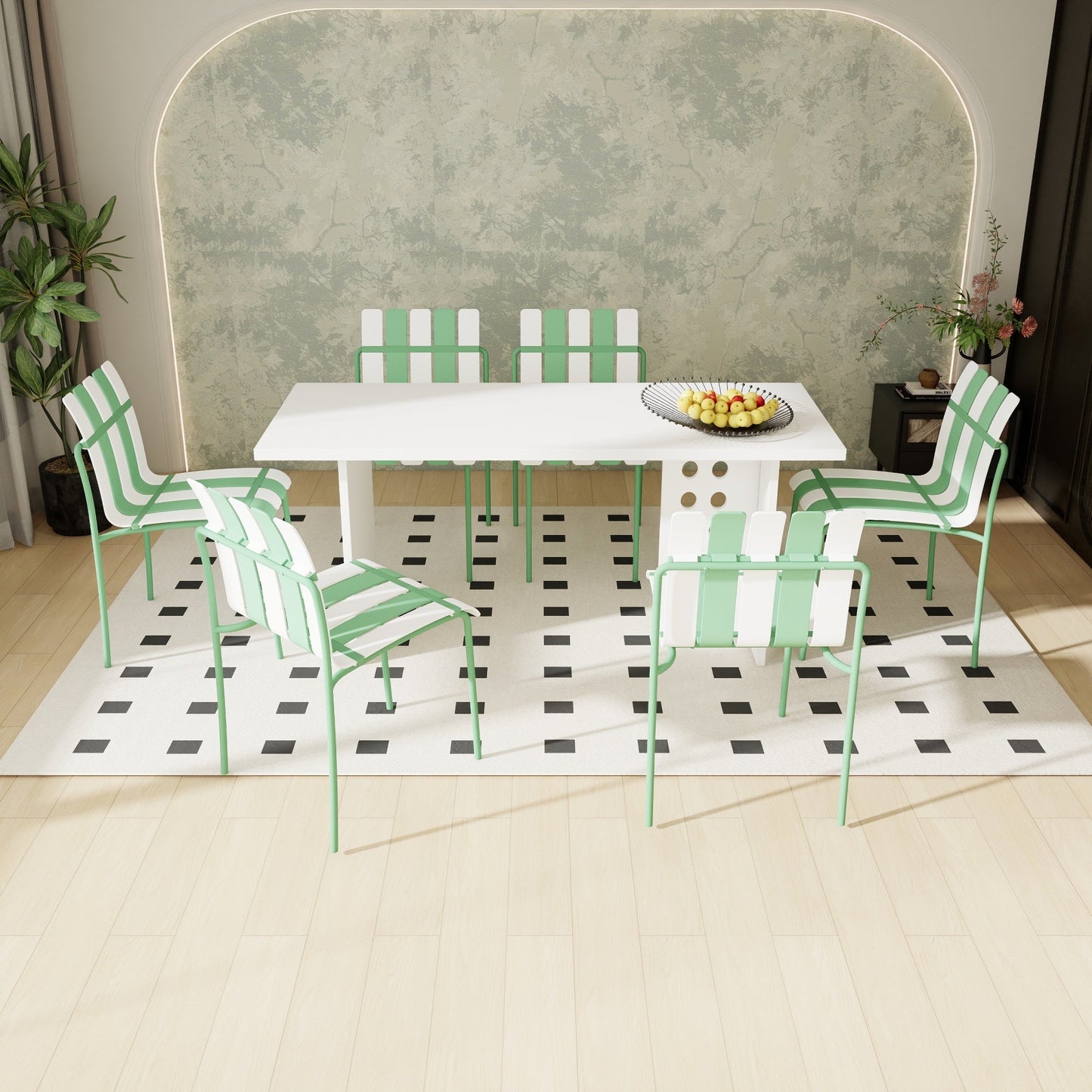 Summer- 4-Pack Modern Striped Color Block Chairs - Waterproof PP Seat & Sturdy Metal Legs, Indoor/Outdoor Dining Set for Patio, Balcony, Café (White & Green) Roomfitters