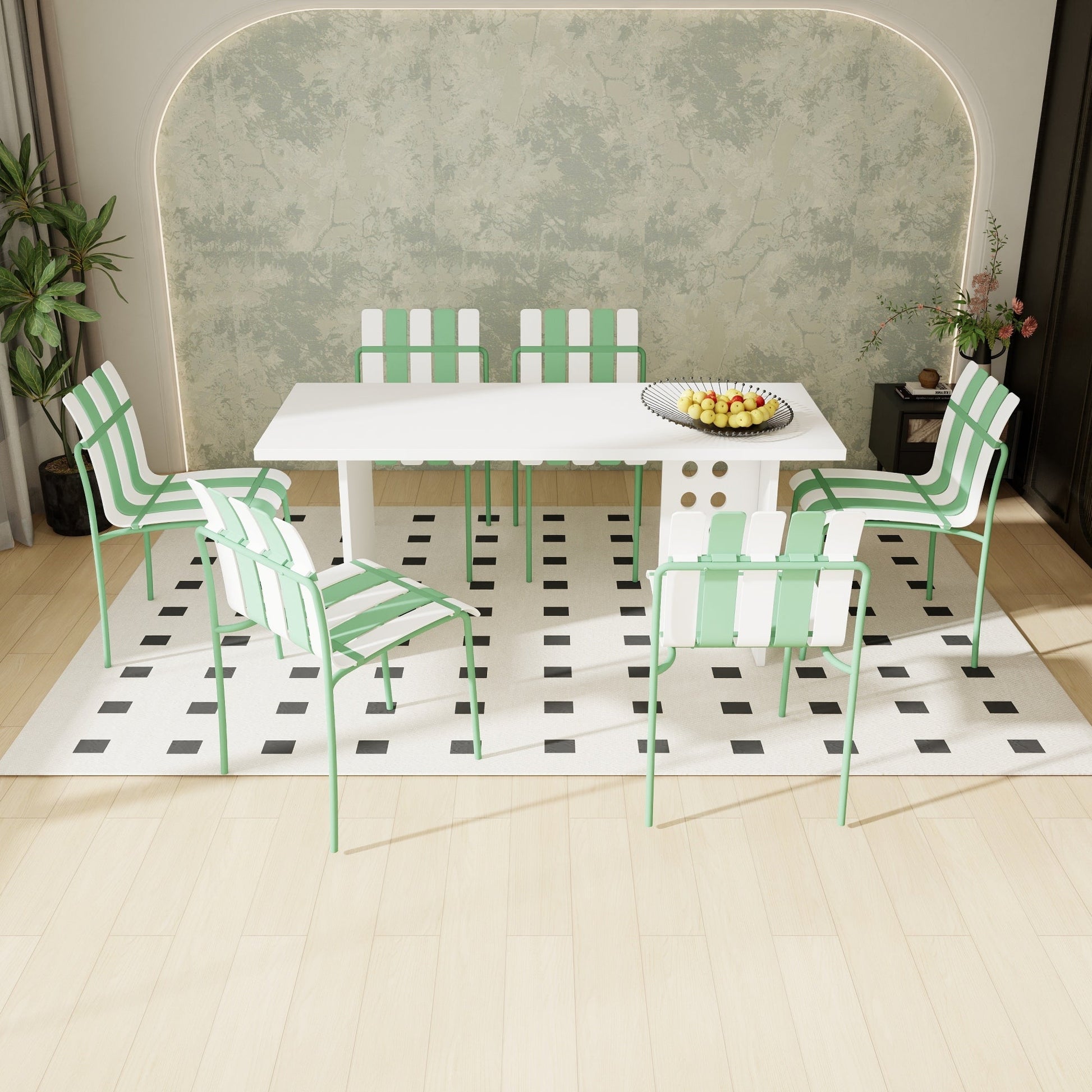 Summer- 4-Pack Modern Striped Color Block Chairs - Waterproof PP Seat & Sturdy Metal Legs, Indoor/Outdoor Dining Set for Patio, Balcony, Café (White & Green) Roomfitters