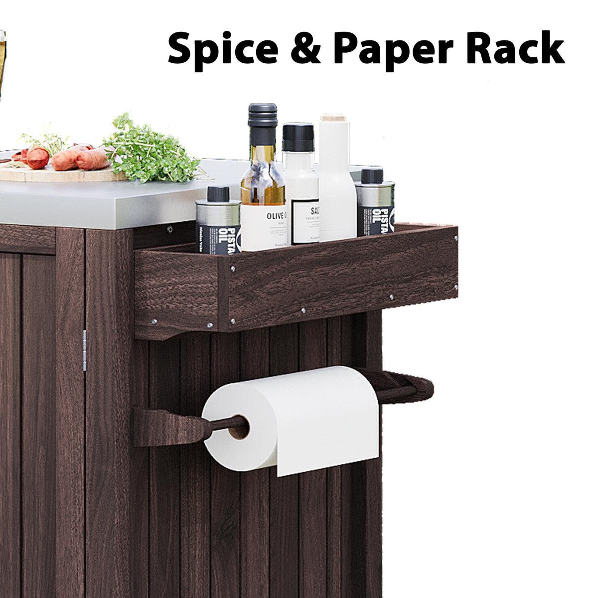 variant-group:rf-n707p250629z|Roomfitters 66.5" Outdoor Kitchen Island for Big Kamado Grills, Wood Grill Cart with Stainless Steel Top, Storage, Dark Brown