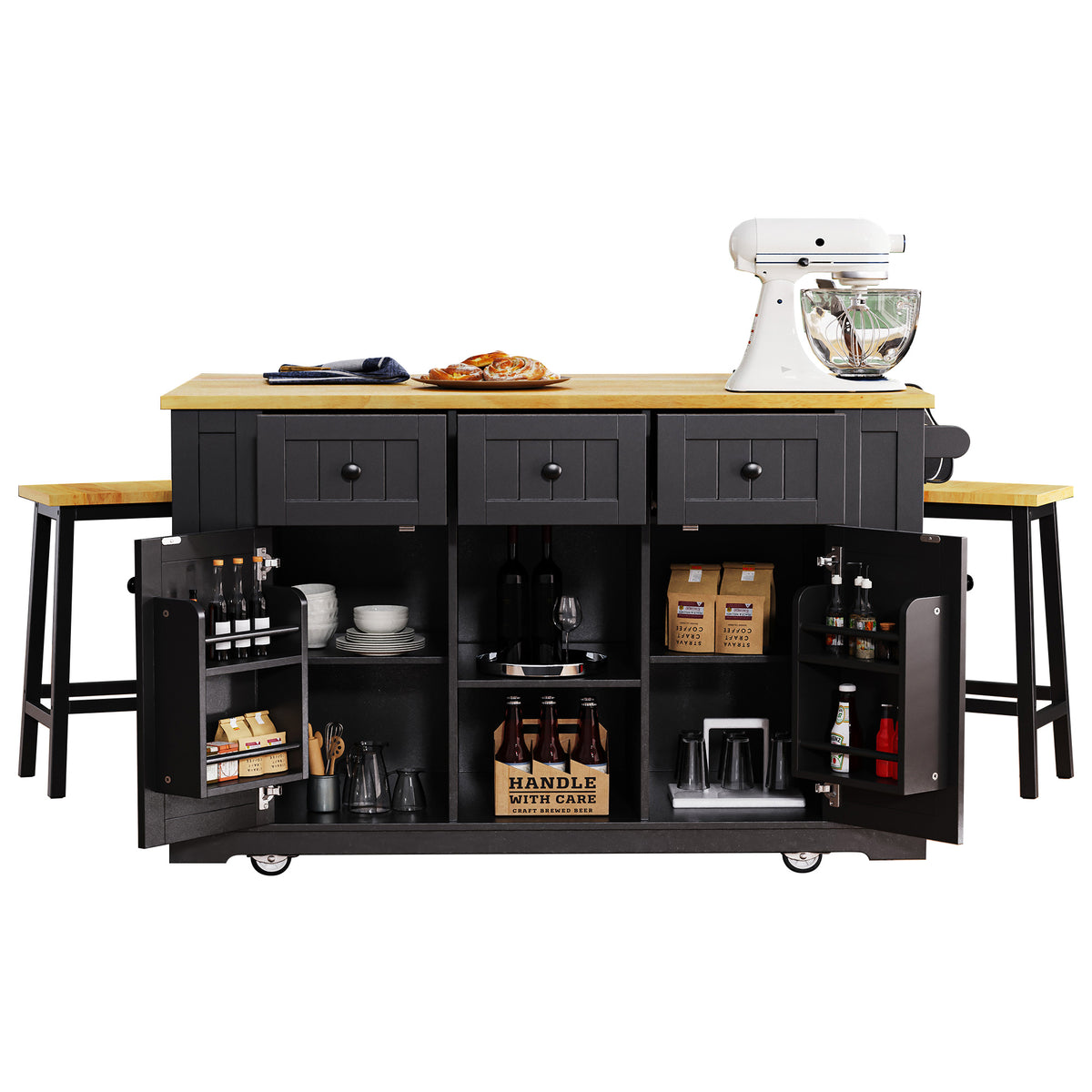variant-group:rf-n707s003007b|Roomfitters 53" Kitchen Island with 2 Bar Stools, Drop Leaf, Power Outlet, Rolling Kitchen Cart Set with Storage, Black