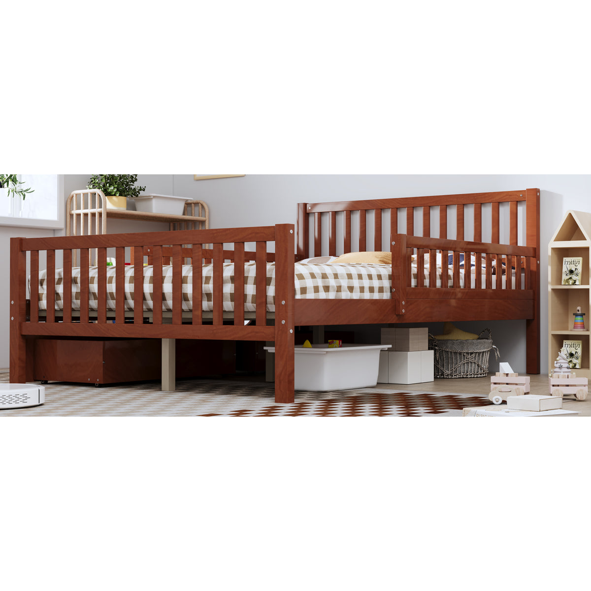 variant-group:rf-n733p172700d|Roomfitters Full Size Wood Platform Bed with Guardrails and 2 Storage Drawers, Walnut