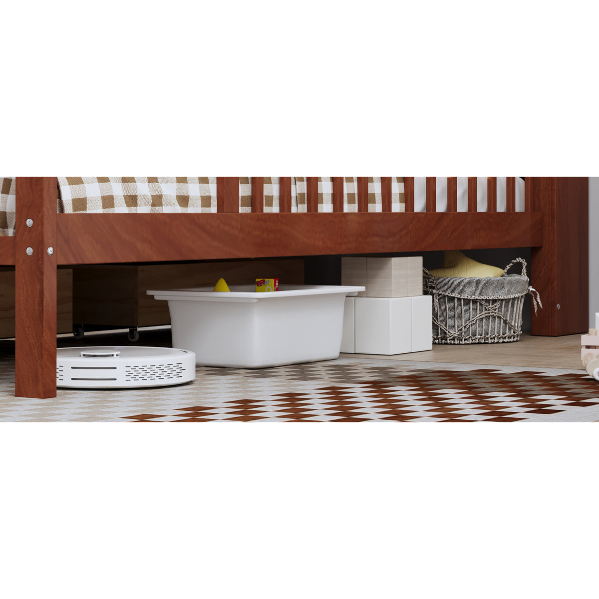 variant-group:rf-n733p272374d|Roomfitters Twin Bed with Headboard Storage Rack, Under-Bed Storage and Three-Side Guardrails, Walnut
