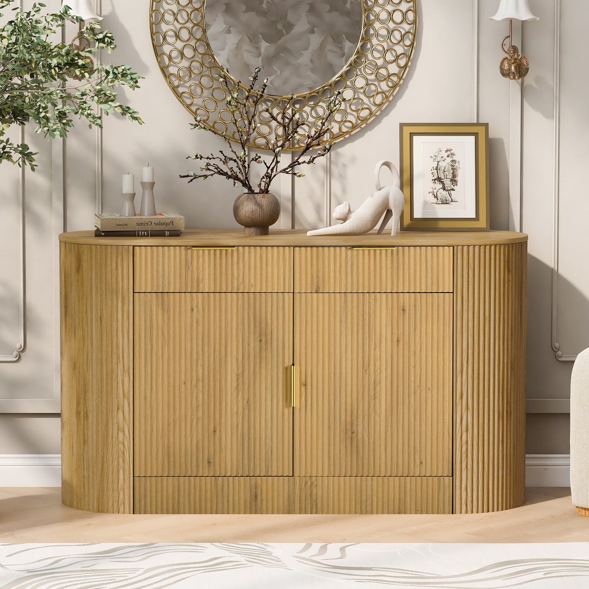 variant-group:rf-n711p345168o|Roomfitters 55.1" Oval Sideboard Buffet Cabinet with 2 Drawers & Wine Rack, Mid-century Modern Fluted Accent for Dining, Natural
