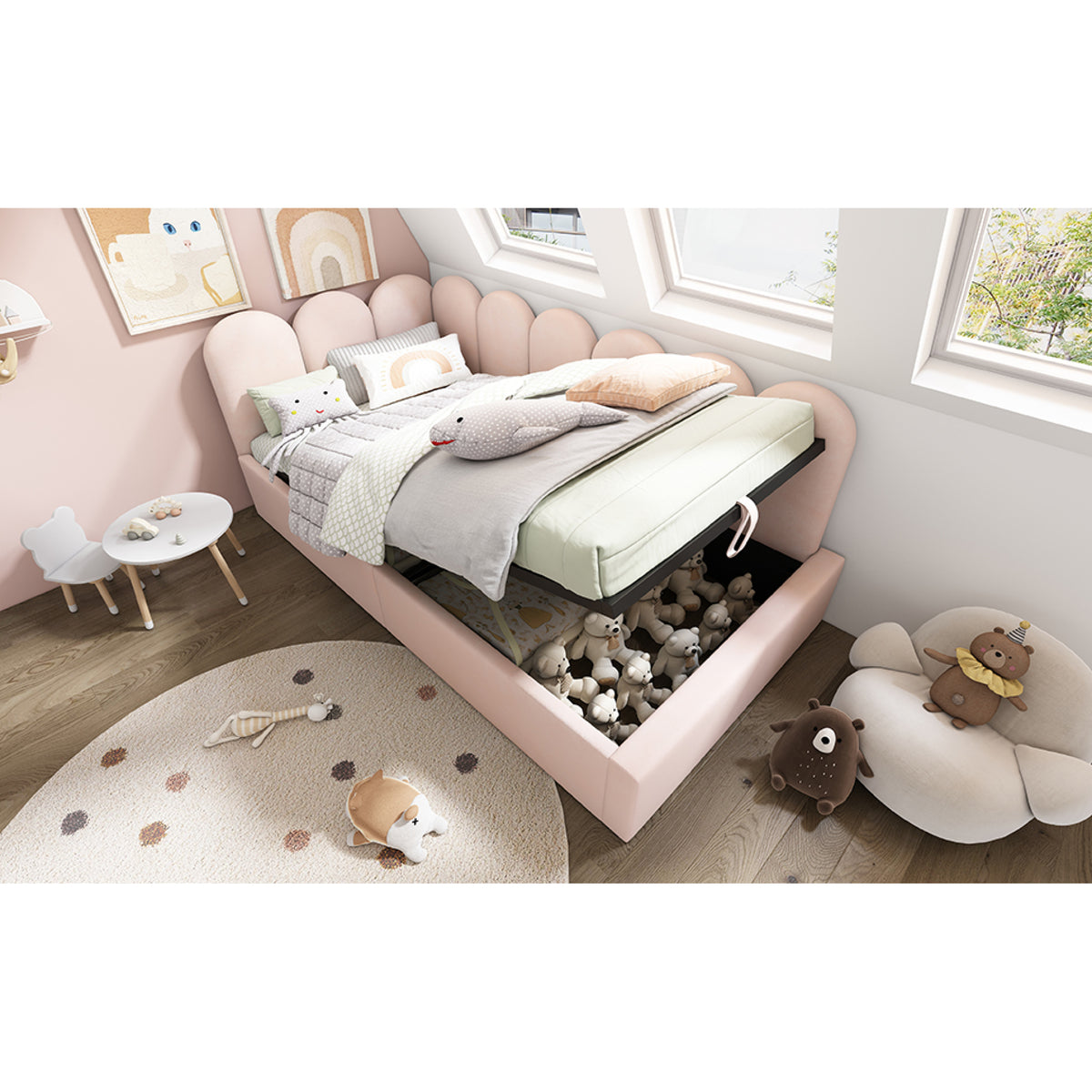 variant-group:rf-n736p333613p|Roomfitters Upholstered Twin Size Ottoman Daybed with Storage, Sofa Bed with Metal Slat Frame, Velvet Pink