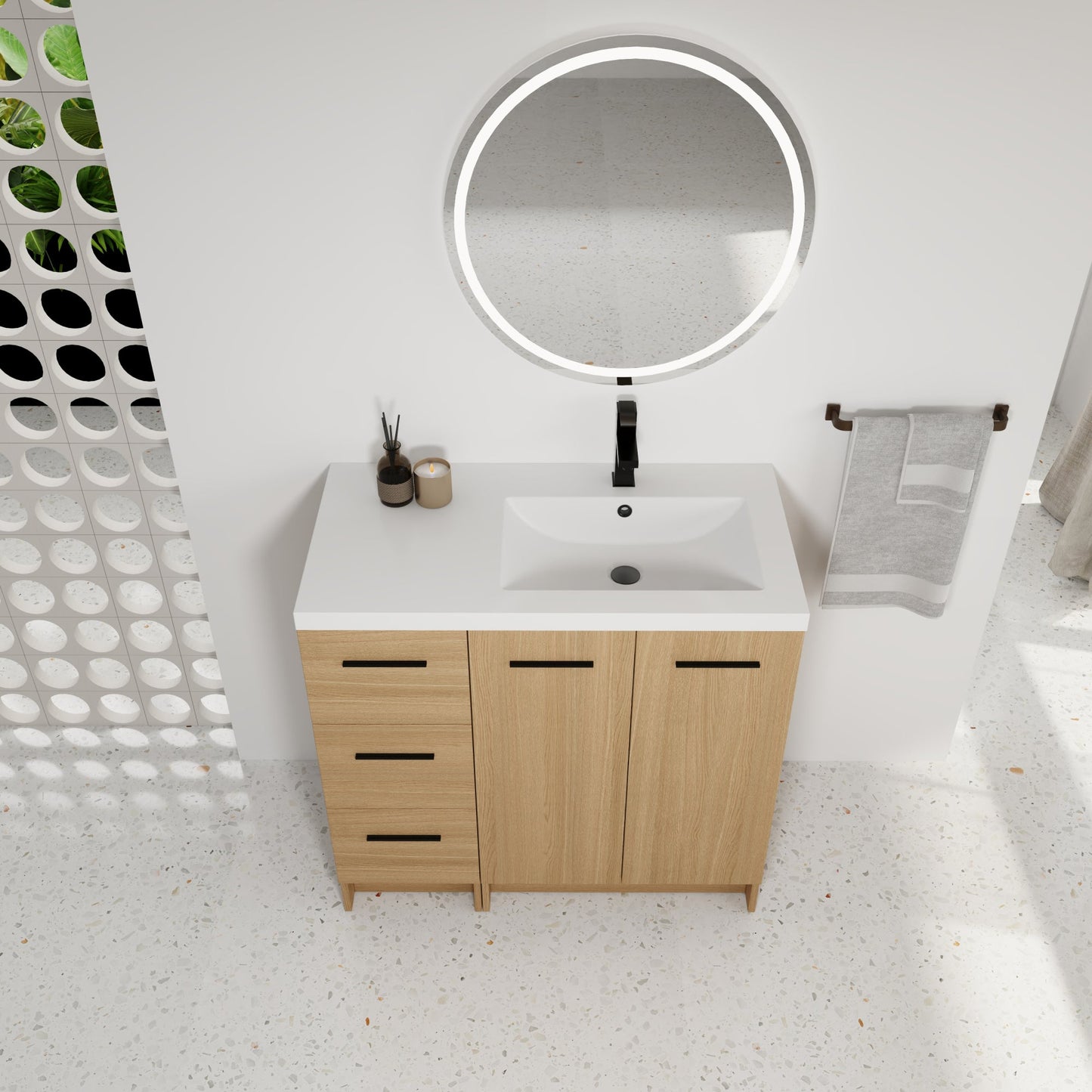 36" Modular Freestanding Bathroom Vanity with 36" Resin Sink Top, Light Oak, 2-Piece Cabinet (24" 2-Door + 12" 3-Drawer), KD Cabinet, Includes Black & Brushed Aluminum Handles Roomfitters