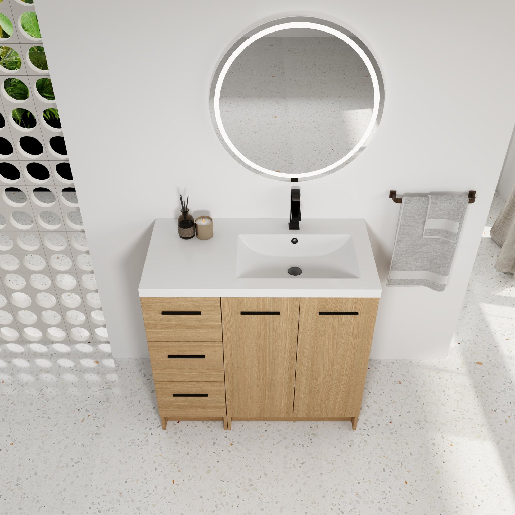 36" Modular Freestanding Bathroom Vanity with 36" Resin Sink Top, Light Oak, 2-Piece Cabinet (24" 2-Door + 12" 3-Drawer), KD Cabinet, Includes Black & Brushed Aluminum Handles Roomfitters