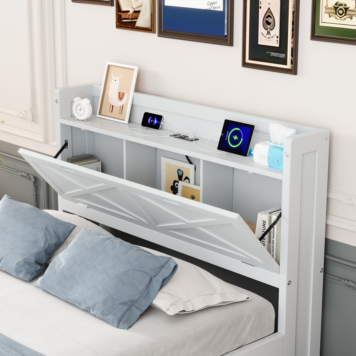 variant-group:rf-n733s172712k|Roomfitters Full Size Wooden Bed with Storage Headboard, Integrated Outlets, Extendable Frame with Twin Trundle and Additional Storage, White