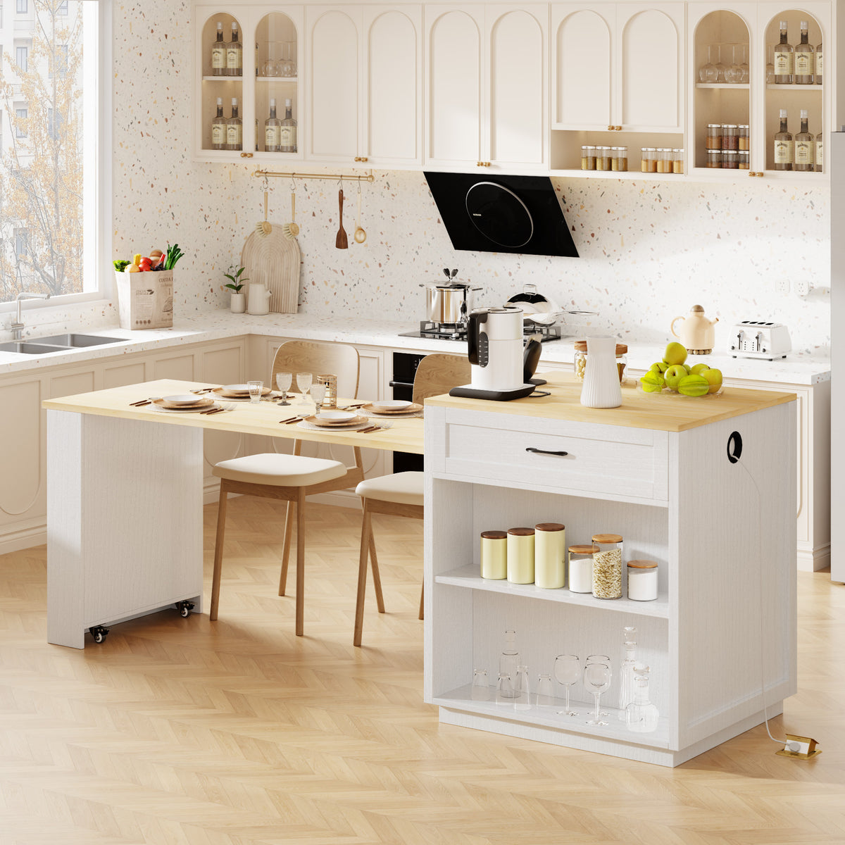 variant-group:rf-n707s000010w|Roomfitters 82.7" Kitchen Island with Extendable Table, Two-Tone Design, Double Storage, Power Outlet, White