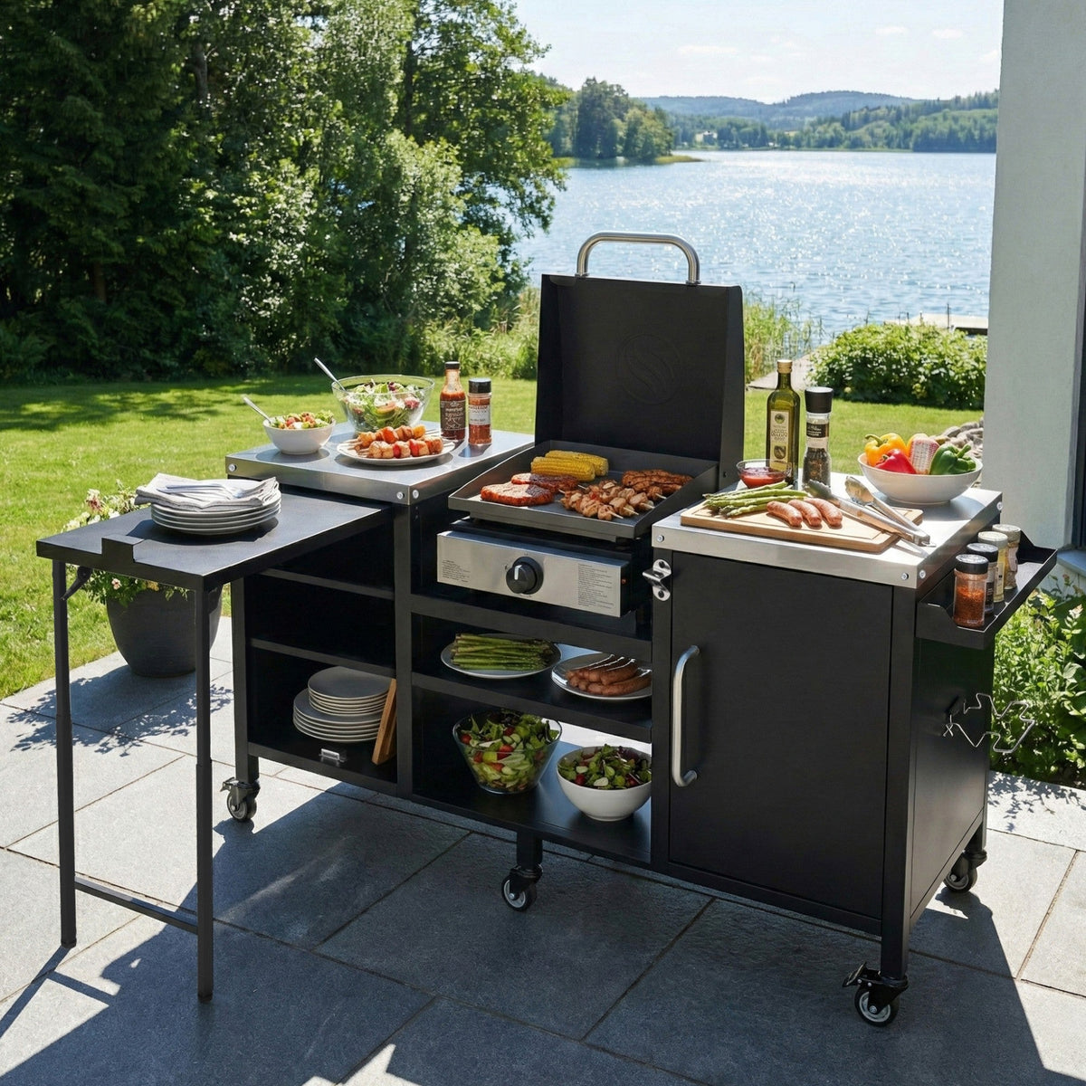 Roomfitters 72.4"W Extra Large Grill Cart, Outdoor Kitchen Prep Station with Stainless Steel Top and Folding Side Table, Black
