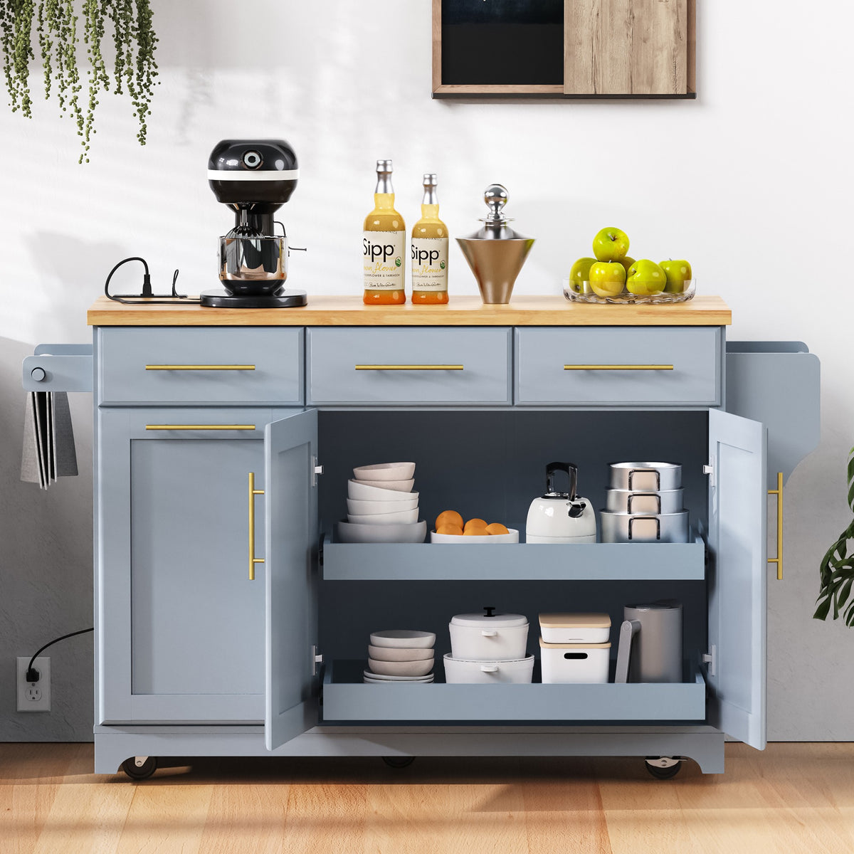 variant-group:rf-n707s299014g|Roomfitters 59.3" Kitchen Island with Power Outlet, Drop Leaf and Double Trash Can Pull Out, Rolling Cart, Grey+Blue
