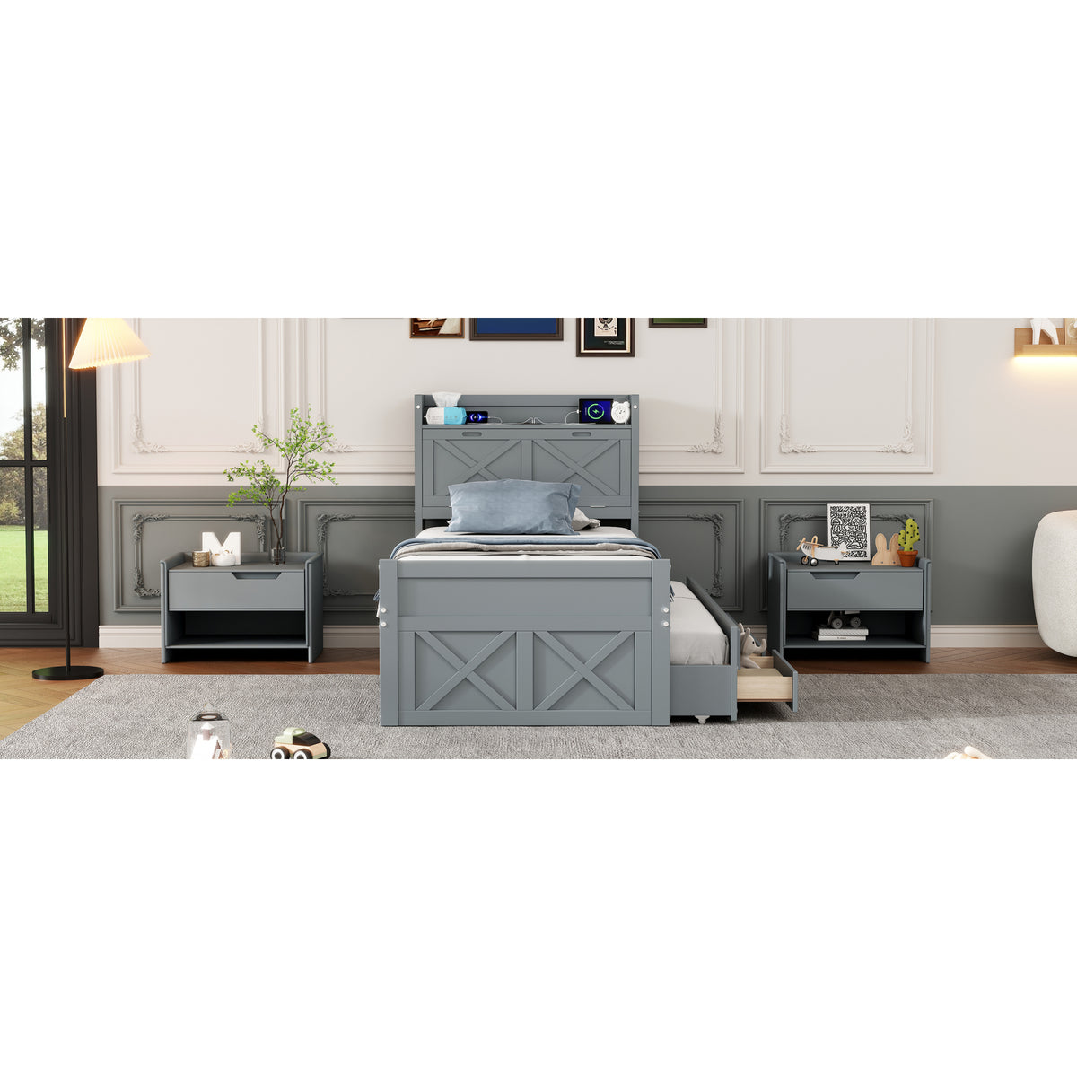 variant-group:rf-n733s172839e|Roomfitters Twin Size Wooden Bed with Storage Headboard, Convenient Outlets, Extendable Frame with Twin Trundle and Ample Storage, Gray