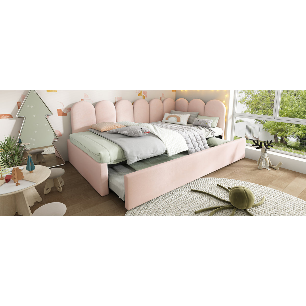 variant-group:rf-n736aa20362122p|Roomfitters Velvet Upholstered Twin Daybed with Pull Out Trundle, Sofa Bed with Metal Slat Frame, Pink