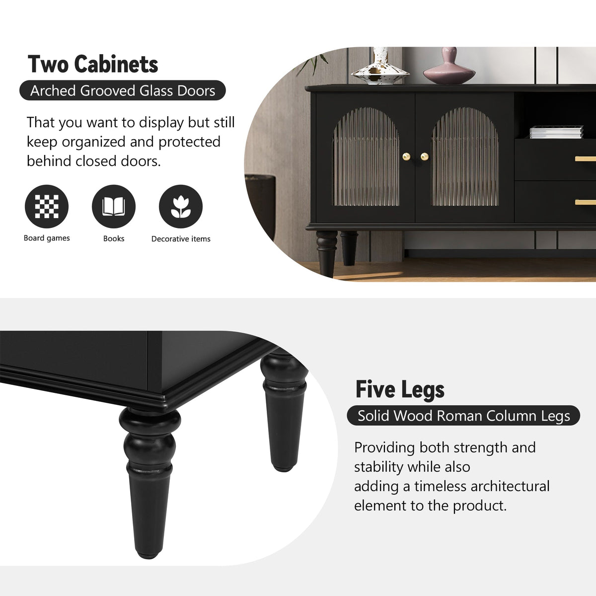 Roomfitters Retro TV Stand for up to 75 Inch TV, Fluted Glass Door Media Console with Five Wood Legs, Black Roomfitters