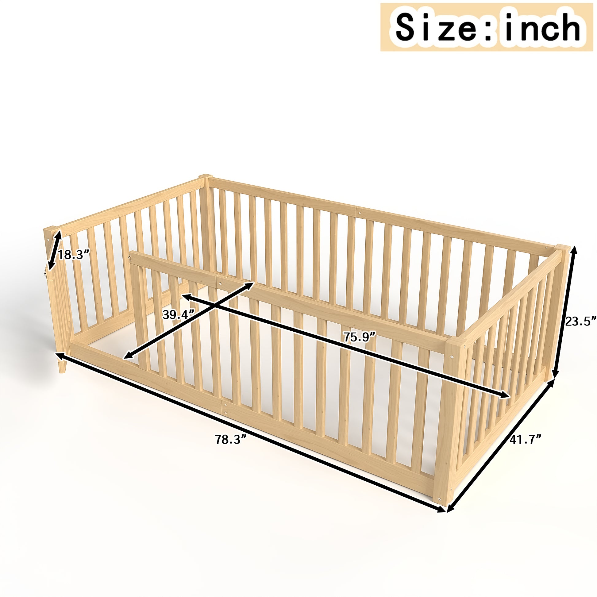 variant-group:rf-w1580p417669|Roomfitters Twin Size Wooden Floor Bed with Safety Guardrails Door, Solid Wood Low Profile Toddler Bed Frame, Natural