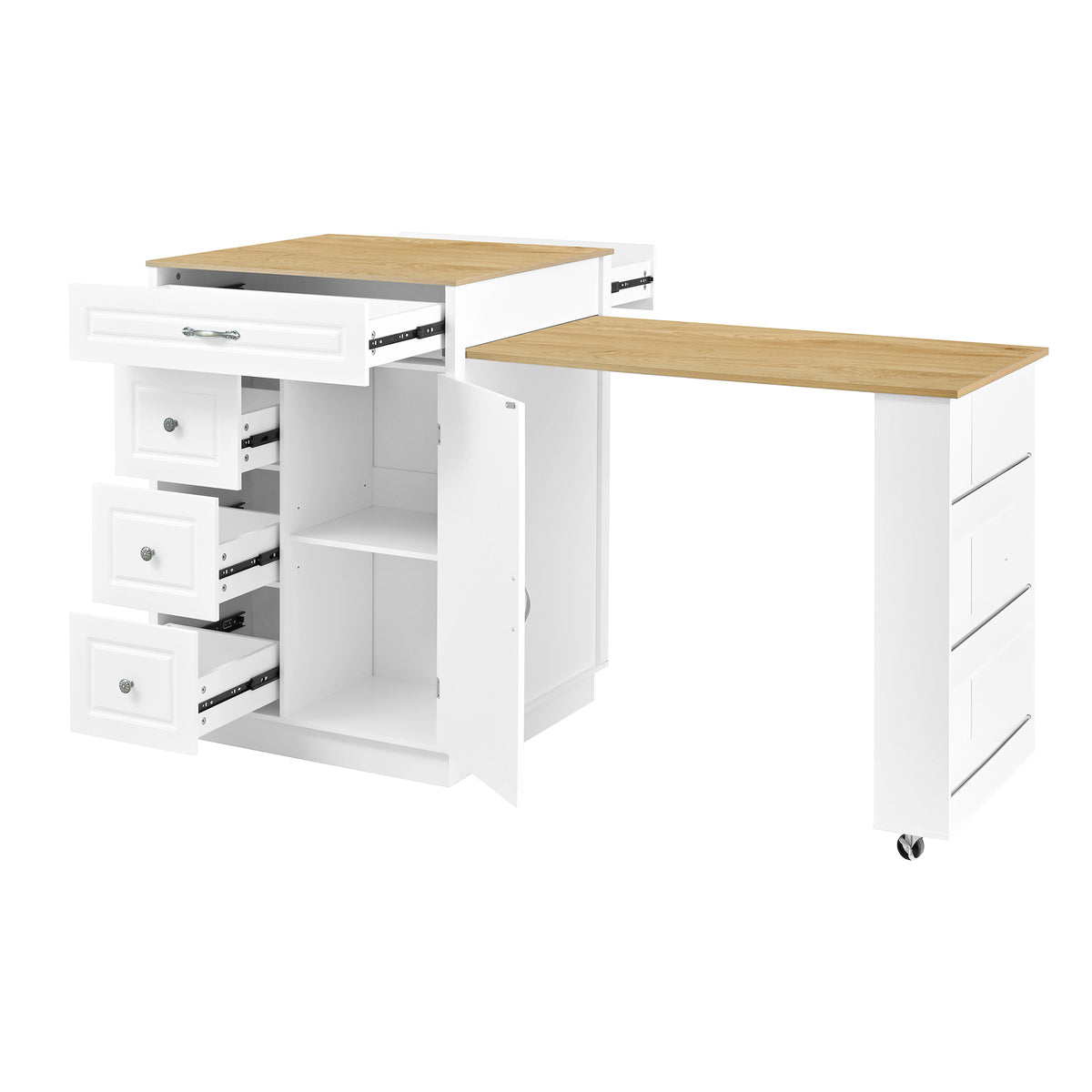 variant-group:rf-n711wy000493aak|Roomfitters White and Natural Wood MDF Extendable Bar Cabinet, Rolling Kitchen Island Table, Wine Rack Storage