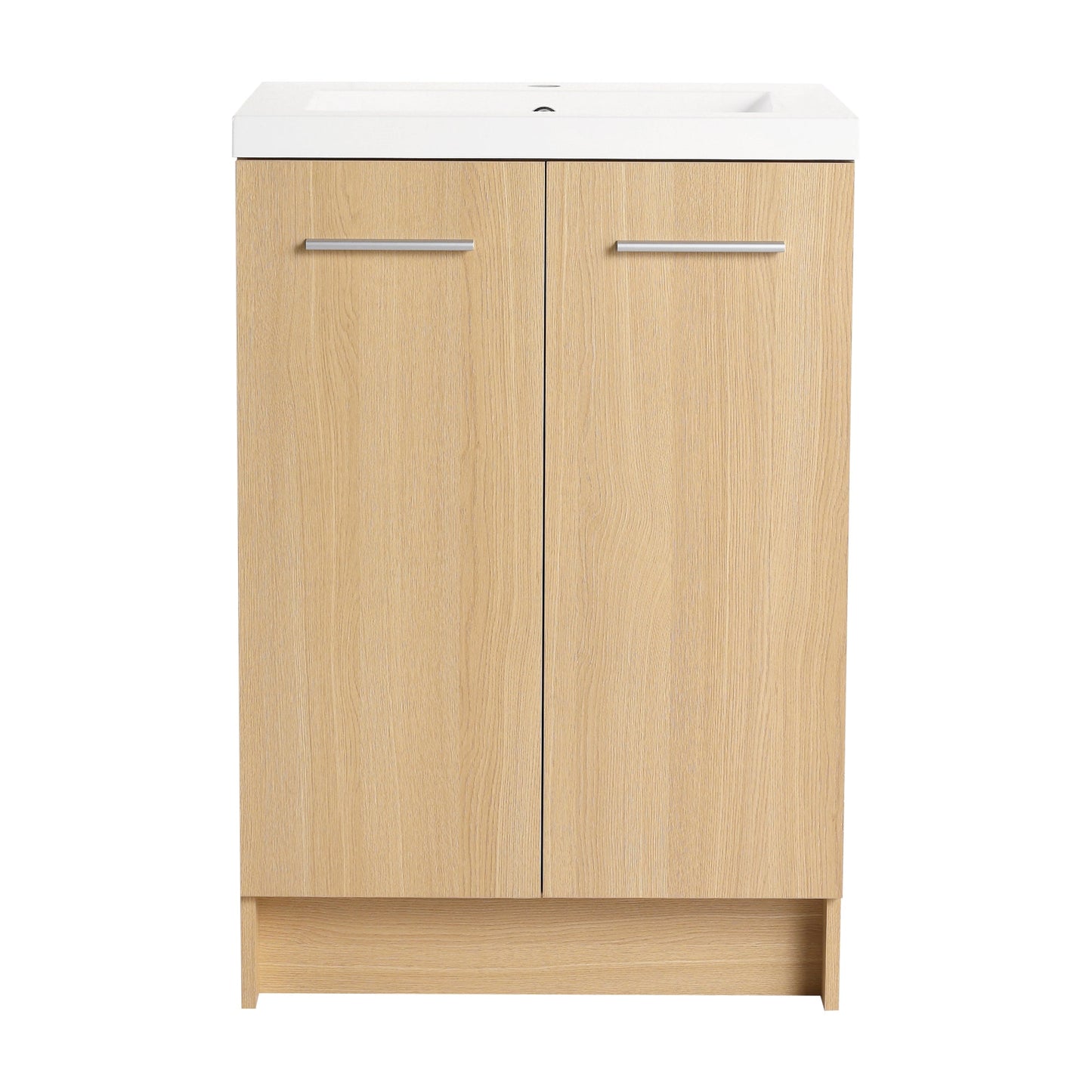 24" Freestanding Bathroom Vanity with Resin Sink, Light Oak, Double Door Storage, KD (Ready-to-Assemble), Includes Black & Brushed Aluminum Handles Roomfitters