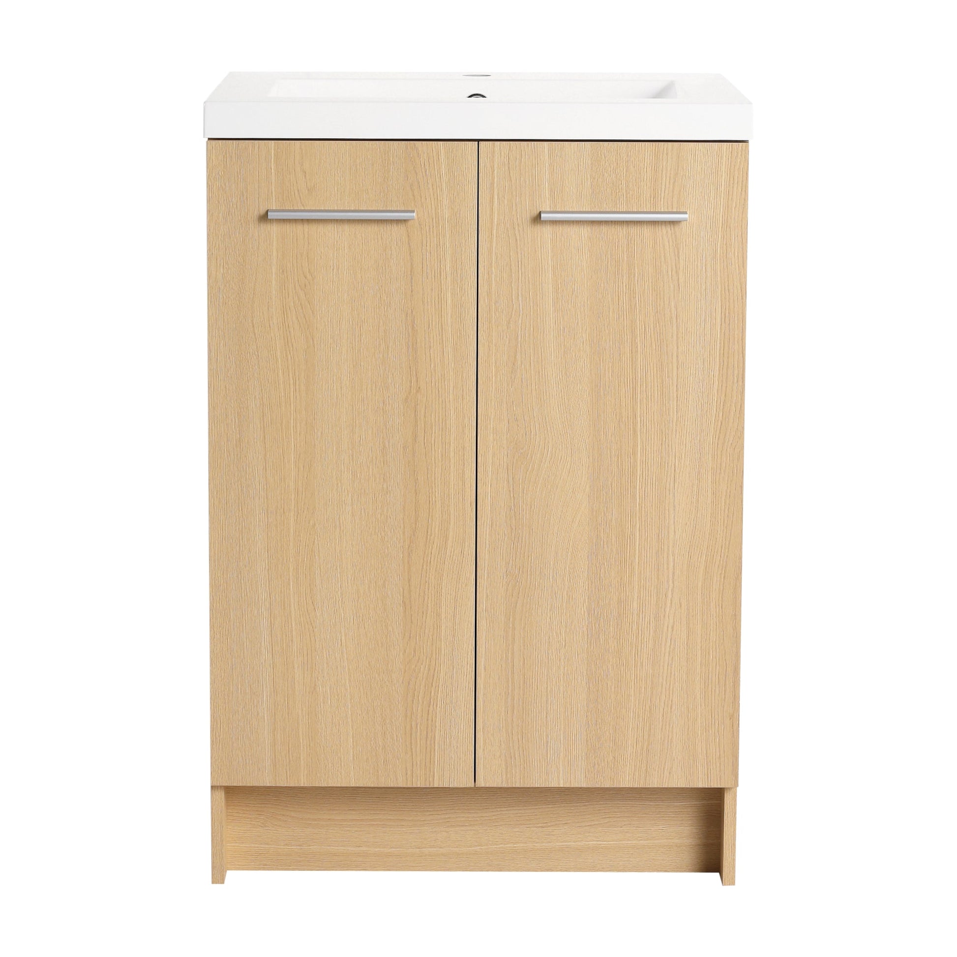 24" Freestanding Bathroom Vanity with Resin Sink, Light Oak, Double Door Storage, KD (Ready-to-Assemble), Includes Black & Brushed Aluminum Handles Roomfitters